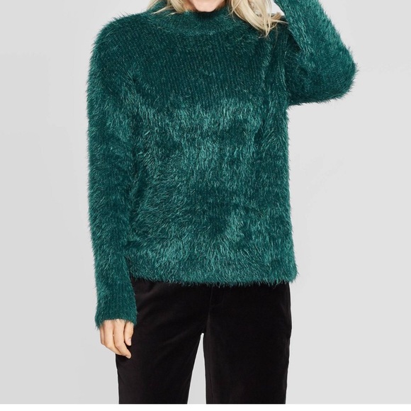 Fuzzy Long Sleeve Mock Neck Sweater Green Size S - Picture 1 of 7